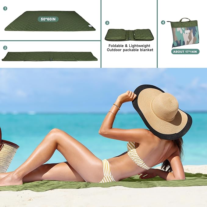 Solaris Waterproof Picnic Blanket, Lightweight 50” x 60” Foldable Sandproof Beach Blanket with Large Pocket, Portable Outdoor Camping Blanket Great Couples Gift Ideas, Green Camo