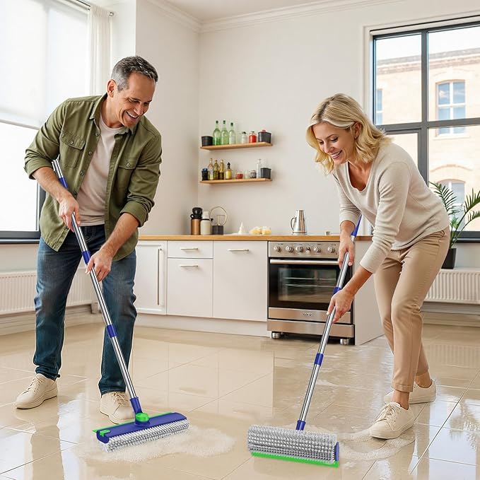 EHADOO Floor Scrub Brush with Long Handle: 3 in 1 Heavy-Duty Floor Scrubber Brush with Squeegee for Cleaning Tile Bathroom Deck Kitchen Patio