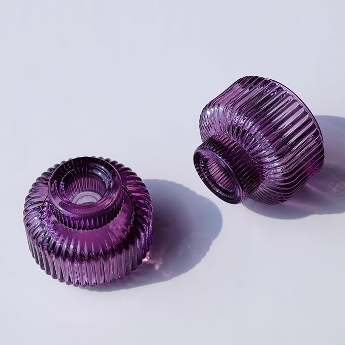 Woho Purple Candlestick Holders Set of 4 for Halloween Decorations, Ribbed Glass Taper Candle Holders for Thanksgiving/Christmas, Vintage Candle Sticks Holder Decor for Fall Wedding Table Centerpiece