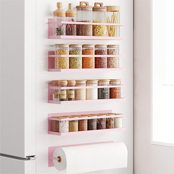 Magnetic Spice Rack For Refrigerator Magnetic Fridge Shelf For Kitchen Spice Organizer Magnetic Shelf For Fridge Space Saving Pink 4 Pack