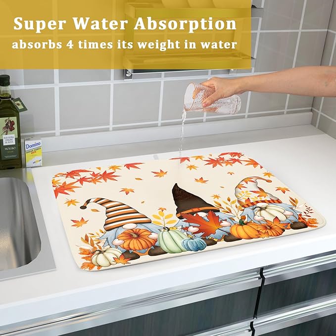 Fall Gnome Dish Drying Mat for Kitchen Counter Autumn Pumpkin Maple Leaves Dishes Pad Absorbent Fast Dry Dish Drainer Rack Mats 18x24 Inch Thanksgiving Day Drying Mats for Counter Accessories