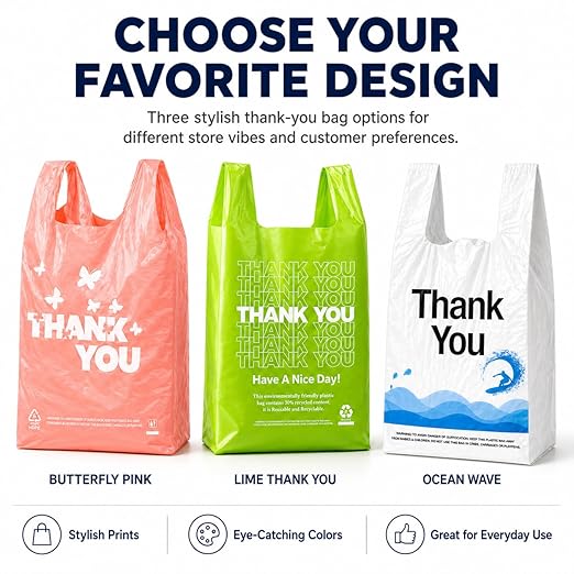 PINK Thank you bags, 50PCS T shirt bags, To Go Bags,Grocery bags, Reusable and Disposable,Perfect for Small Business,Take Out,Retails,11 inchx6 inchx21 inch(50),Large
