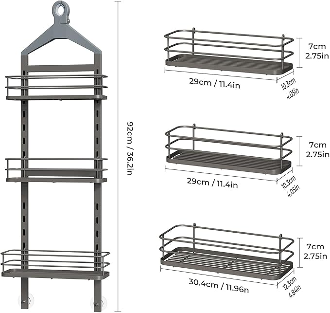 ODesign 3 Tier Height-Adjustable Shower Caddy, Hanging Anti-Swing Over-The-Shower-Head Caddy, Shower Storage Organizer Bathroom Shelves Basket Caddies, Grey