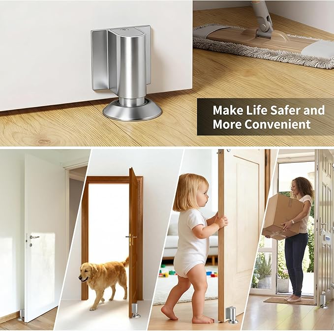 Magnetic Door Stoppers, Magnet Door Stop - Stainless Steel Door Catch, Retractable Bottom of Door Holder Suits Gaps Within 1.4" Keep Door Open, No Drill 3M Adhesive & Screws - Silver 1Pack