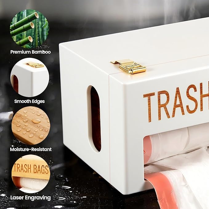 Libreshine Extra Large White Bamboo Trash Bag Holder Dispenser, Fits Costco & Sam's Club Jumbo Rolls, Under-Sink, Cabinet & Wall Mount Organizer, Garbage Bag Storage for Kitchen, Pantry, Garage