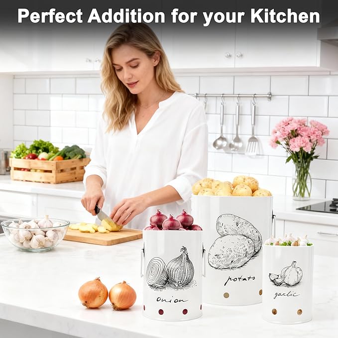 Kitchen Potato and Onion Storage Bin,Metal Vegetable Storage Bins Set of 3 with Aerating Holes and Lids,Farmhouse Canisters Sets for the Kitchen Countertop (1, Circular)
