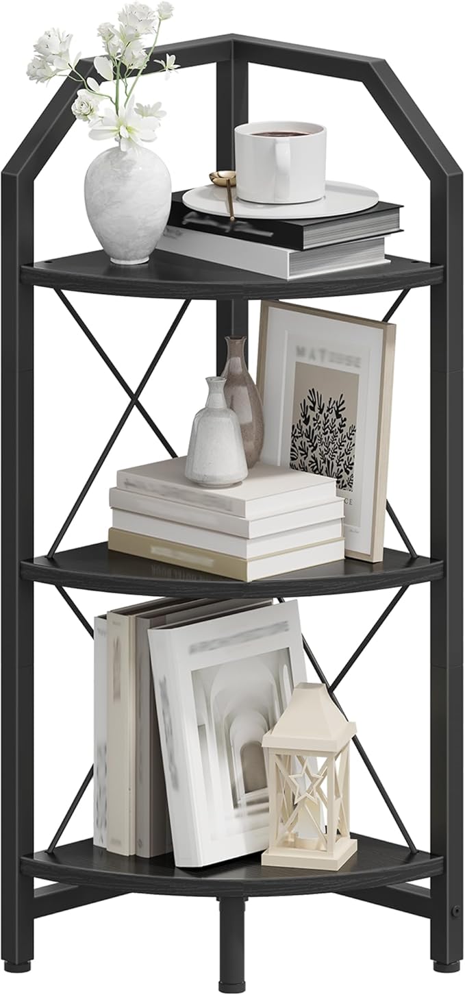 CHOEZON 3-Tier Corner Shelf, Industrial Corner Bookshelf, 35.4" Storage Stand, Plant Stand Display Shelf, Bookcase for Bedroom, Living Room, Home Office, Black TCJ03BB 