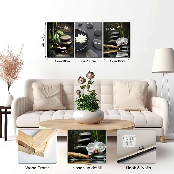 FuShvre Zen Wall Art for Bathroom Zen Stone Bamboo Lotus Orchid Flower Pictures Still Life Prints for Zen Meditation Room Wall Decor Framed 12x16 inch each piece (small)