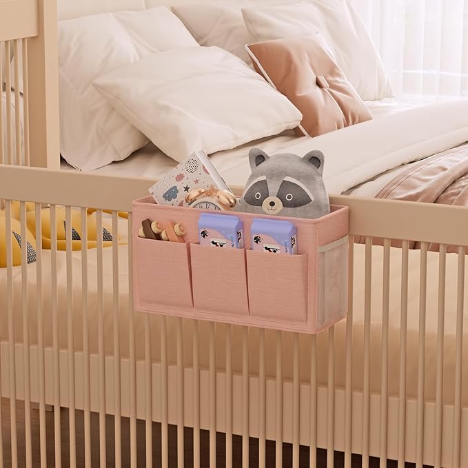Dual-purpose Bedside Caddy Bedside Organizer, Bed Caddy with 6 Pockets, Versatile Bedside Storage Solution Magazine Remotes holder, ideal for Home, Dorm, Hospital, Crib Bed (Pink 2pcs)