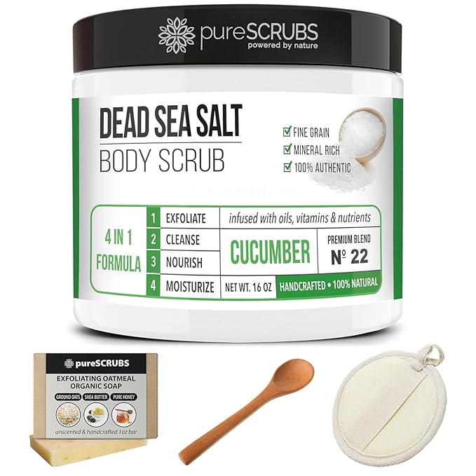 pureSCRUBS Premium Cucumber Body Scrub Set - Large 16oz Dead Sea Salt Body Scrub for Women Exfoliation KP Bump Eraser Body Scrub Includes Wooden Spoon, Loofah & Soap