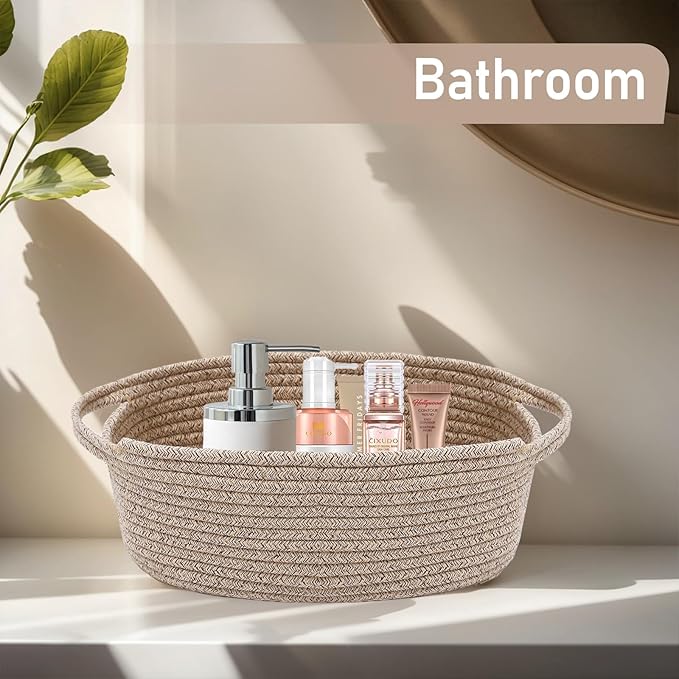 Woven Basket, Small Rope Storage Bin with Handles & Ribbon Bag, Organizer for Shelves Closets, Empty Gift Basket for Birthday, Books, Dog Toys, Oatmeal