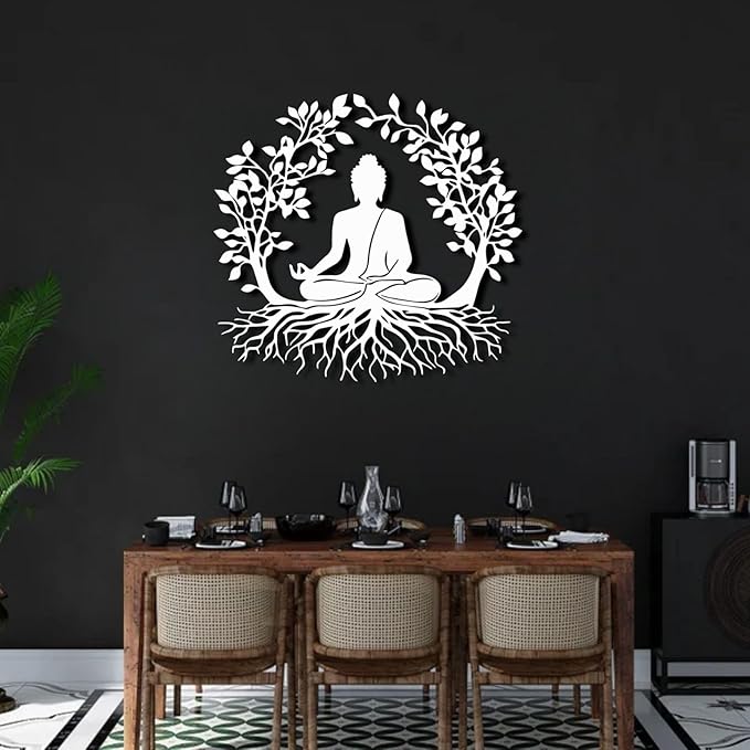 ENJOYOO Tree of Life and Buddha Metal Wall Decor, Tree of Life Wall Art, Buddha Metal Wall Art for Living Room, Bedroom, Outdoor (Black, 39×37in/100×94cm, metal wall art)