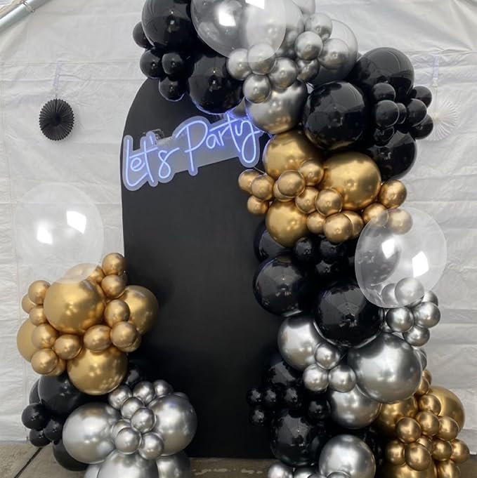 Black Gold Silver Balloons Arch Kit,Metallic Chrome Silver and Black Gold Clear Balloon With 18/12/5 Inch Different Sizes for Birthday Graduation Baby Shower Disco New Years Party Decorations