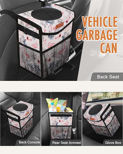 Pritent Car Trash Can with Lid, Cute Leakproof Car Trash Garbage Bag, Hanging Vehicle Trash Bin, Small Portable Automotive Garbage Cans Organizer for Back/Front Seat/Console (2.8 gal, Flamingo Print)
