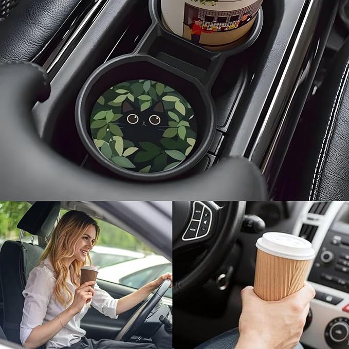 Car Cup Holder Coasters, 2 Pcs Ceramic Coasters with Cork Back and Finger Slot, Anti-Slip Shock Absorbing Women and Men Universal Car Accessories - Lovely Black Cat