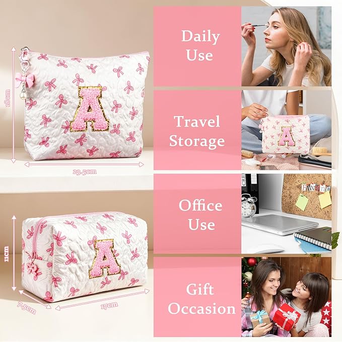 Initial Makeup Bag, Christmas Gifts for Women Teens Girls Birthday Gift Personalized Bow Cosmetic Bag, Quilted Cosmetic Travel Toiletry Pouch, Cute Makeup Organizer Teen Girl Gifts Trendy Stuff, K