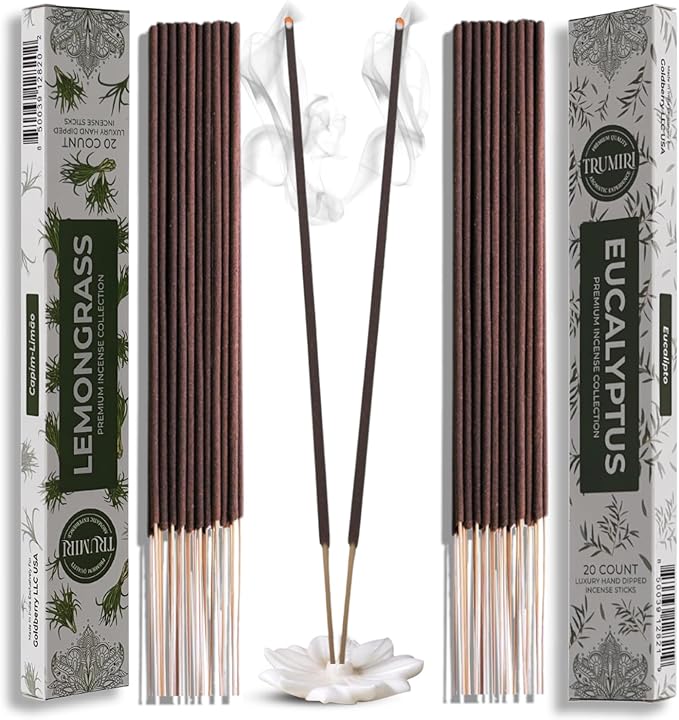 Trumiri Incense Sticks - Combo Pack of 40 Insence-Sticks - 20 Lemongrass + 20 Eucalyptus - Insenses - Insents - Incents - Inscense - Incence - Incienso - All Natural Incense Sticks
