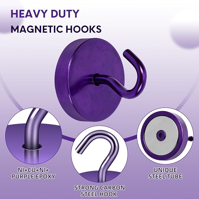 Neosmuk Magnetic Hooks, Cruise Ship Essentials, 100lb+ Heavy Duty Magnetic Hooks for Cruise Cabins, Refrigerator, Grill, Hanging, and Travel | Extra Strong Must-Haves Magnet Hook,Purple, 5 Pack