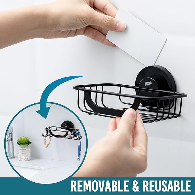 TAILI Soap Bar Holder Dish with Hooks, Shower Soap Tray Saver Suction Cup with Razor Holder for Wall, Rustproof Stainless Steel Bath Shampoo Caddy for Bathroom Accessories Organizer, Sink, Black