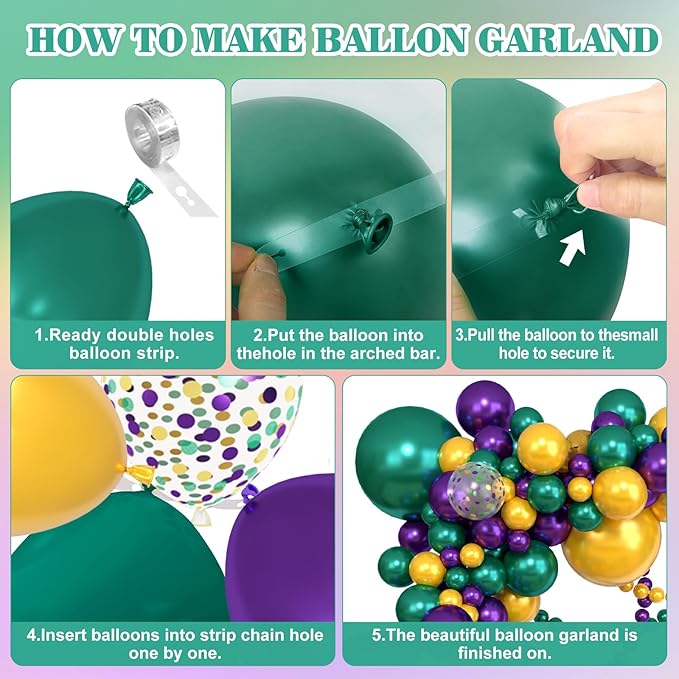 Amandir 153pcs Mardi Decorations Gras Balloons Arch Garland Kit, Different Sizes 18 12 10 5inch Pearl Purple Green Gold Confetti Mardi Balloons for Gras Fat Tuesday Carnival Birthday Party Supplies