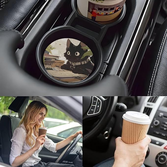 Car Cup Holder Coasters, 2 Pcs Ceramic Coasters with Cork Back and Finger Slot, Anti-Slip Shock Absorbing Women and Men Universal Car Accessories - Wide-Eyed Cat