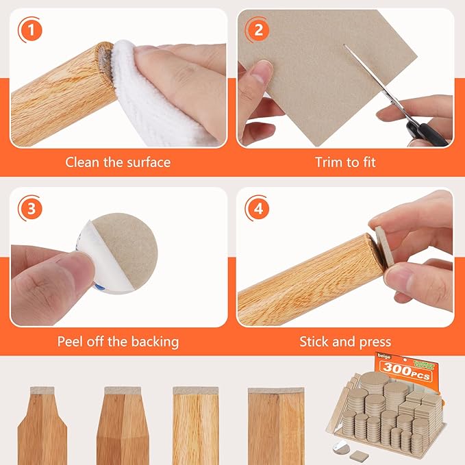 Felt Furniture Pads 300 Pieces, Furniture Pads for Hardwood Floors, Floor Protectors for Furniture Legs, Felt Pads for Furniture Beige