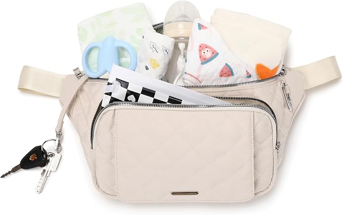 MYHOZEE Small Diaper Bag Fanny Pack - Baby Bag with Waterproof Changing Pad and Wipes Dispenser Quilted Nylon Crossbody Bags for Mom Baby Compact Diaper Purse Cross Body Purses
