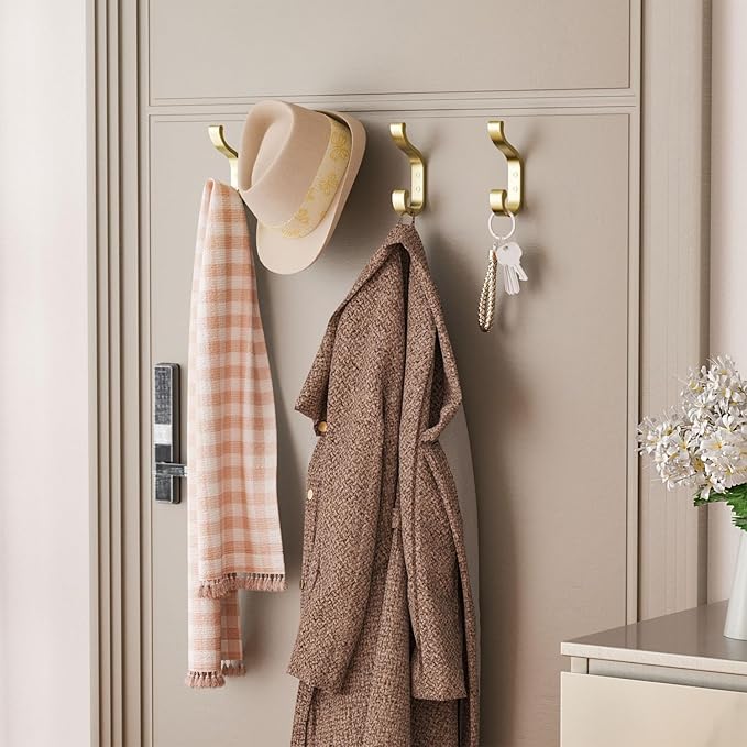 Gold Wall Hooks for Hanging Coats: Metal Mount - Large Heavy Duty (30 Lb) - Screw-In - Mudroom for Clothes, Backpack, Purse, Bathroom Towel, 6 Pack