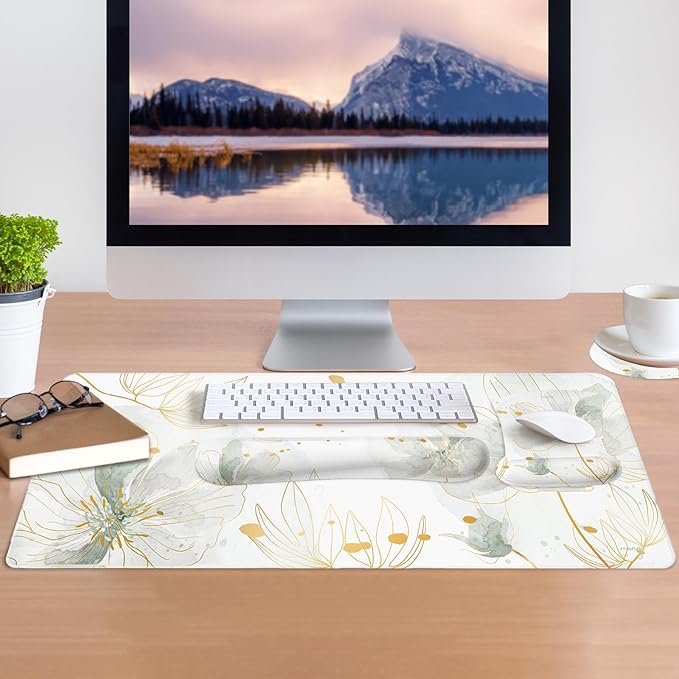 MOSISO Desk Mat Keyboard Mouse Pad Set, Large Gaming Mouse Pad & Keyboard Wrist Rest & Mousepad with Wrist Rest & Coaster, Ergonomic Non-Slip Home Office Mousepad with Memory Foam, Green