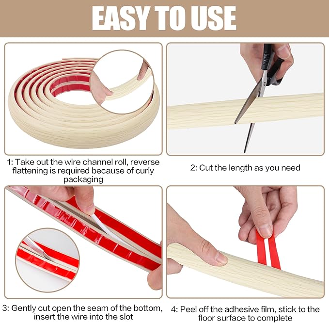 Floor Cord Cover Self Adhesive Cord Hider, 3.3FT Cable Management, Extension Strip Protector for Wires, Prevent Cable Trips for Offices, Gyms, Exhibitions Cavity: 0.3"(W) x 0.28"(H) Yellow Wood