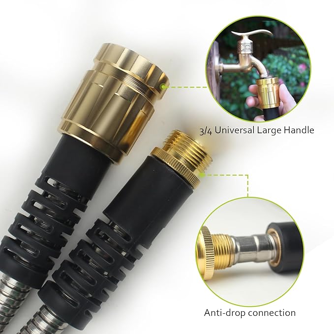 50FT Metal Garden Hose - Stainless Steel, Heavy Duty, Flexible & Lightweight, Never Kink and Tangle, with 10-Function Nozzle, Pressure Resistant for Outdoor Use (Yellow)