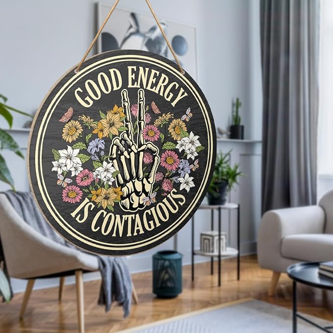 Positive Energy Wall Decor, Skeleton Inspirational Round Wood Hanging Sign Decor, Motivational Positive Energy Decorations for Home Office Spiritual Room, Positive Gifts for Women Men