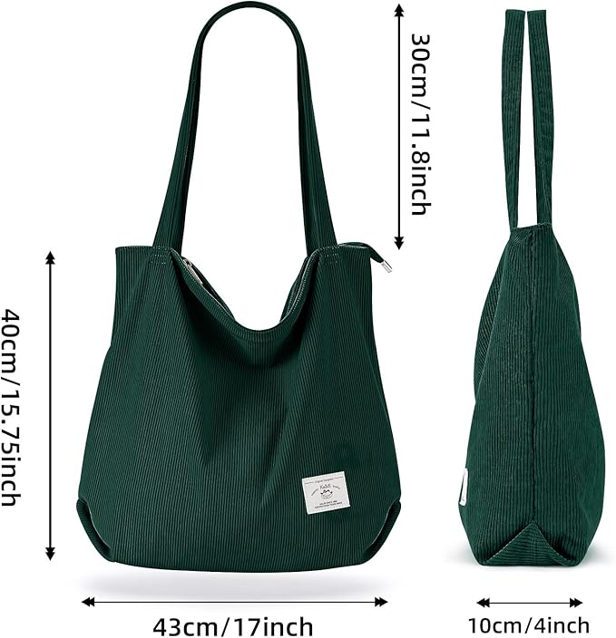 KALIDI Women Corduroy Tote Bag Zipper Casual Tote's Handbag Big Capacity Shoulder Bag with Pockets