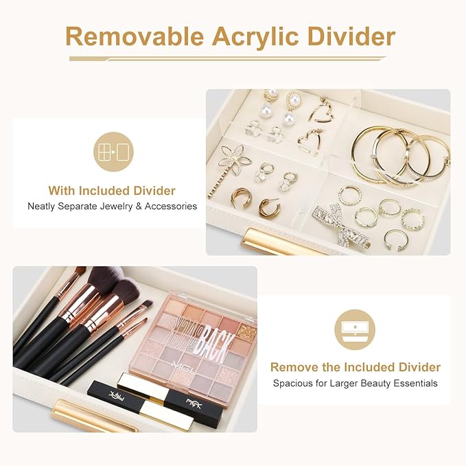 GORESE PU Leather Valet Tray with Drawer, Nightstand Organizer Catch All Tray for Jewelry Perfume Purse Trinket Key Holder, EDC Trays for Desk Vanity Entryway Table, Gift for Women Men, Cream White