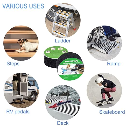 Anti Slip Tape, High Traction,Strong Grip Abrasive, Not Easy Leaving Adhesive Residue, Indoor & Outdoor, with Measuring Tape (2" Width x 190" Long, Black)