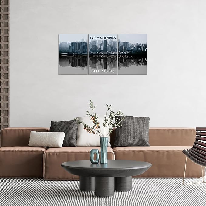 KAWAHONE Inspirational Wall Art -Motivational Quote Black and White Wall Art-City Night Scenes Modern Cityscape Building Artwork Decor for Home Office Bathroom Bedroom Kitchen Classroom Gym