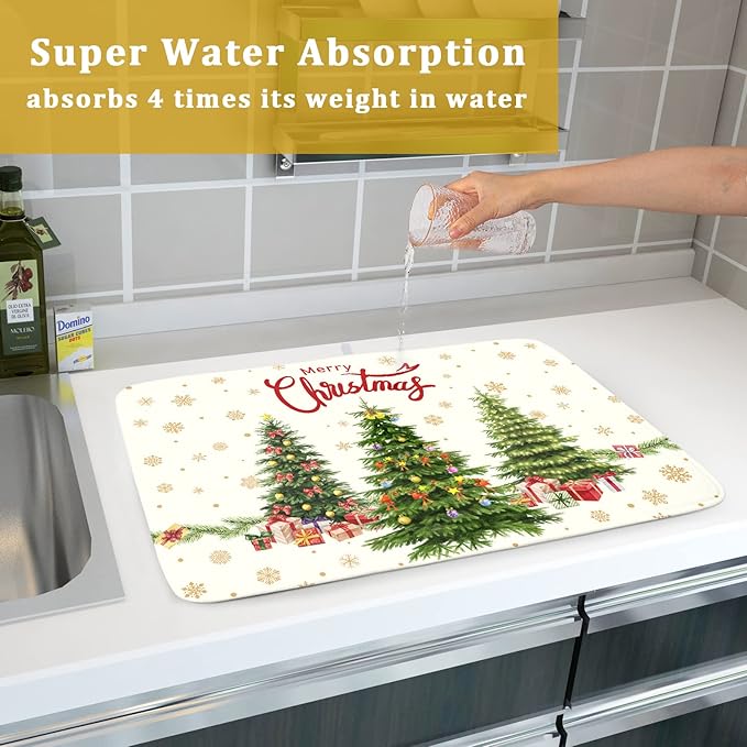 Christmas Tree Dish Drying Mat 18x24 for Winter Xmas Tree Snowflake Kitchen Counter Decor Absorbent Reversible Microfiber Xmas Tree Dishes Pad Dish Drainer Rack Mats Kitchen Accessories