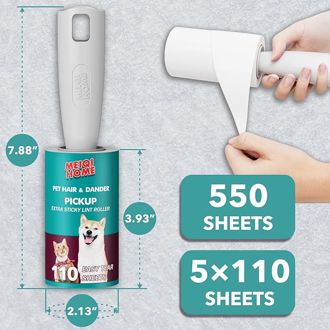 Lint Rollers for Pet Hair Extra Sticky, 550 Sheets Mega Value Set Lint Roller with 2 Upgraded Handles, 5 Rollers Portable Pet Lint Remover for Clothes, Furniture, Carpet, Dog & Cat Hair Removal