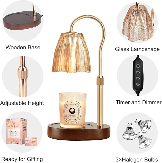 Candle Warmer Lamp with Timer & Dimmer, Candle Warmer Height Adjustable, Fits All Jar Scented Candles, Candle Lamp with 3 Bulbs, Charming Gift Box with Ribbon for Gifting
