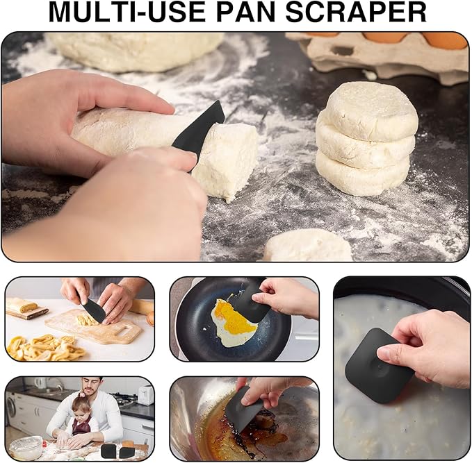 Pan Scraper 5PCS Plastic Scraper Set,Food Scraper Tool for Cast Iron, Pot and Pan Cleaning,Pans Scraper Tools for Cleaning Grease Burnt Food,Scrapers Tool Kitchen (5, Black)