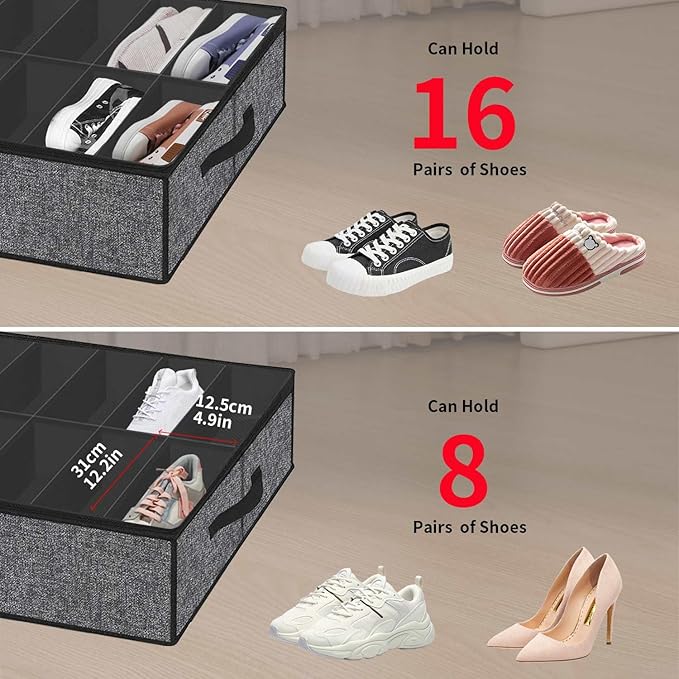 Onlyeasy Sturdy Under Bed Shoe Storage Organizer with Handles and Clear Window, Fits 16 to 32 Pairs, Premium Foldable Shoe Container Box for Closet, 37.7x 23.6x 5.9 inch, Cotton-like Black, MXBUBS16P2