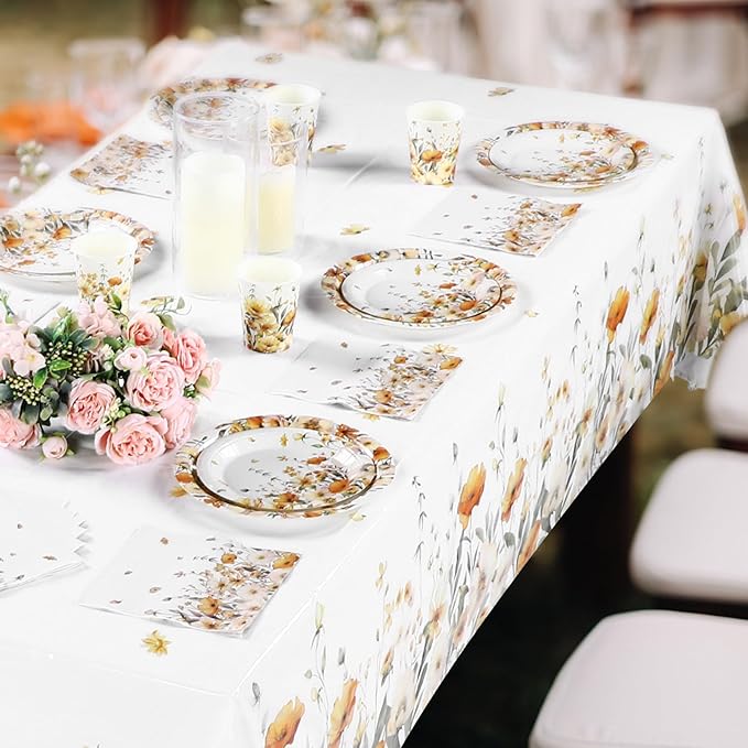 Ganeen 3 Pcs Fall Floral Tablecloth Disposable Plastic Table Covers Watercolor Wildflower Table Cover Waterproof Tablecloths for Autumn Birthday Wedding Party Decor, 54 x 108 Inch
