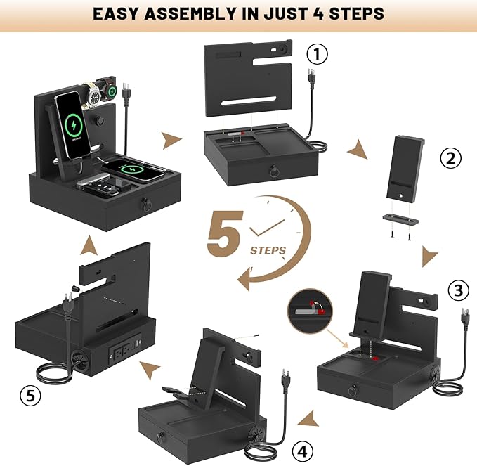 Wood Phone Docking Station with USB Ports and Outlets, Nightstand Organizer with Charging Station, Bedside Organizer with Drawer for Watch & Accessories, Christmas Anniversary Birthday Gifts for Men