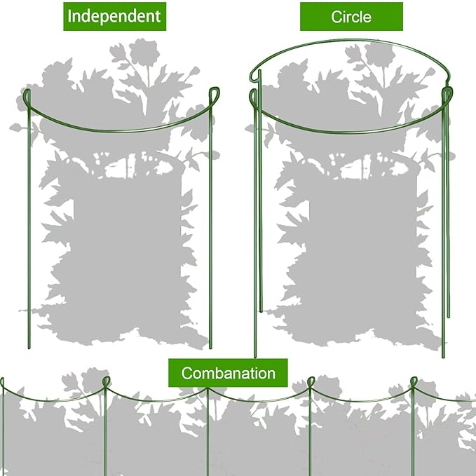 HiGift 8 Pack Plant Support Stakes, Half Round Metal Garden Plant Stake Indoor Peony Cages and Supports, Green Plant Support Ring Border for Tomato, Hydrangea, Flower Outdoor (10" Wide x 15.8" High)