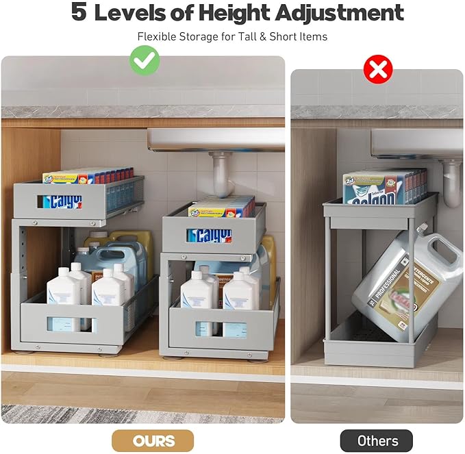 2 Packs 19IN Depth Under Sink Organizer, 2-Tier Pull Out Cabinet Organizer With Smooth Circular Rail, Large Capacity Metal Mesh Sliding Drawers For Bathroom& Kitchen Storage, Height Adjustable–Gun Gray