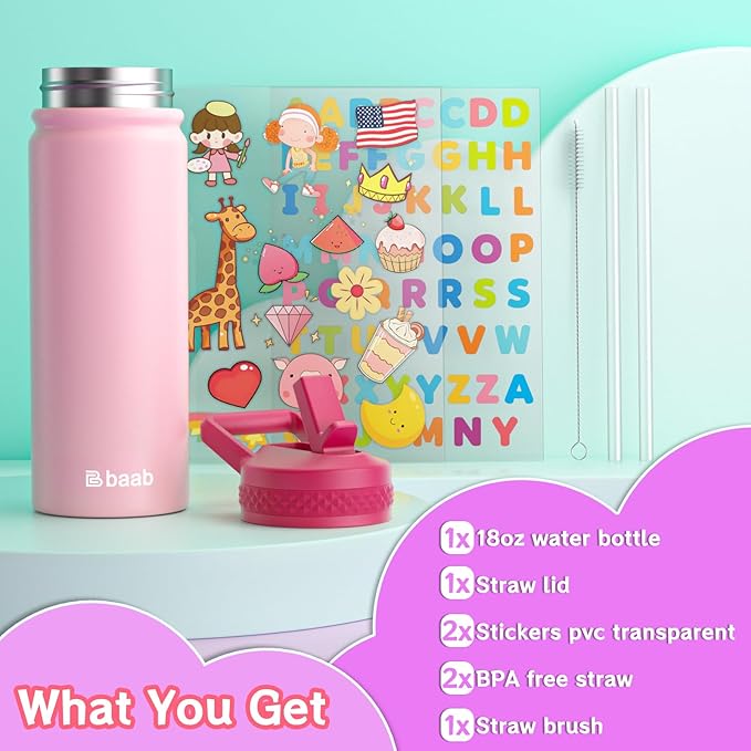 baab 18oz Kids Water Bottle, Insulated Water Bottle with Straw & Stickers, 18/8 Stainless Steel Vacuum Leakproof Kids Water Straw Cup for School, Perfect for Boy Girl (Rose Pink, 1 Pack)