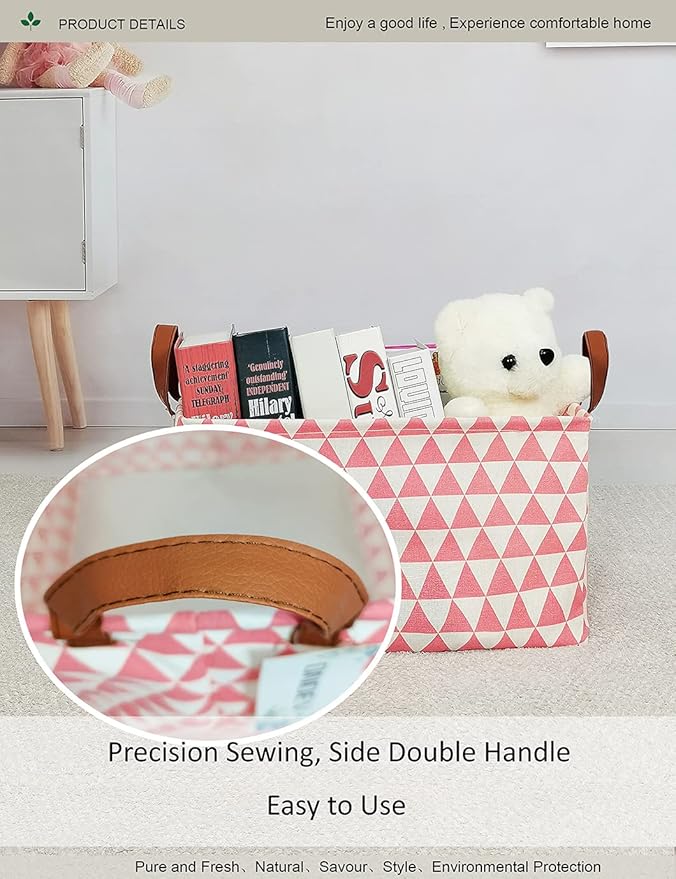 Rectangular Fabric Storage Box, Decorative Basket and Finishing Basket with Handle are Used for The Storage of Clothes, Books and Sundries (Pink Triangle) 1