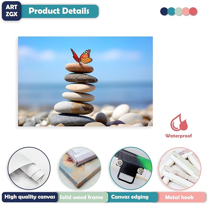ARTZGX Zen Stone Wall Art Canvas Spa Bathroom Pictures Butterfly Print Meditation Still Life Painting for Yoga Room Decor Frame(Zen - D 16.00" x 24.00")