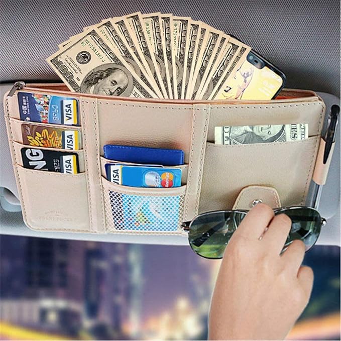 Car Sun Visor Organizer, Auto Car Interior Leather Accessories Storage Pocket Sun Visor Pouch Case Bag for Card License Registration Pen Mobile Phone Bill Note Key Document (Beige)