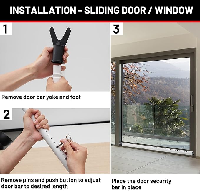 Door Security Bar - Heavy Duty Door Jammer Security Bar - Adjustable Sliding Door Security Bars - Doors Stoppers Security for Patio, Window, Front Door Apartment, Home, Hotel Room